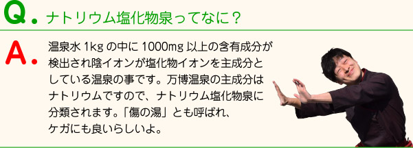ナトリウム塩化物泉ってなに？ 温泉水1kgの中に1000mg以上の含有成分が検出され陰イオンが塩化物イオンを主成分としている温泉の事です。万博温泉の主成分はナトリウムですので、ナトリウム塩化物泉に分類されます。「傷の湯」とも呼ばれ、ケガにも良いらしいよ。